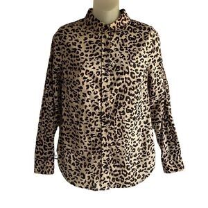 1901 Blouse Button Down Collar Leopard Print Tan Black Brown Long Sleeve XS